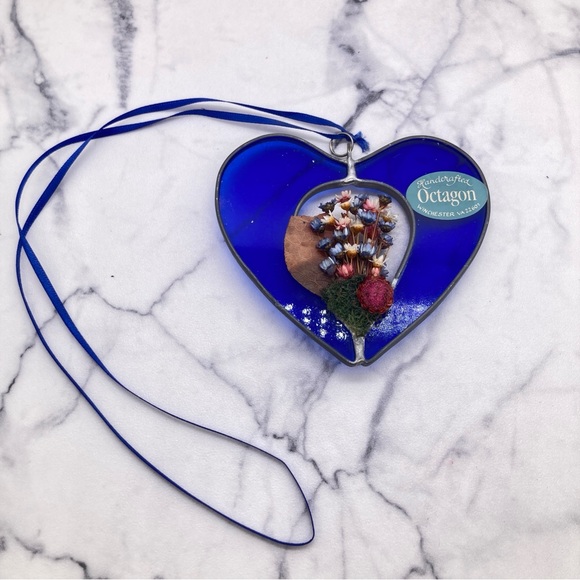 Handcrafted Stained Glass Blue Heart with Dried Flowers by Octagon Suncatcher - Picture 2 of 5